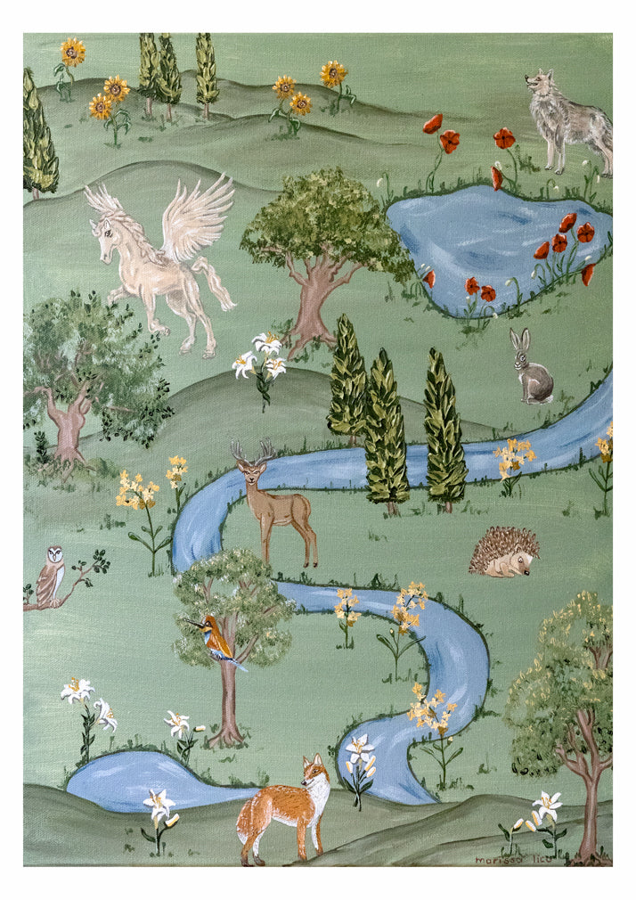 Tuscan Dream fine art print by marissa lico, Fantasy landscape with animals and a river