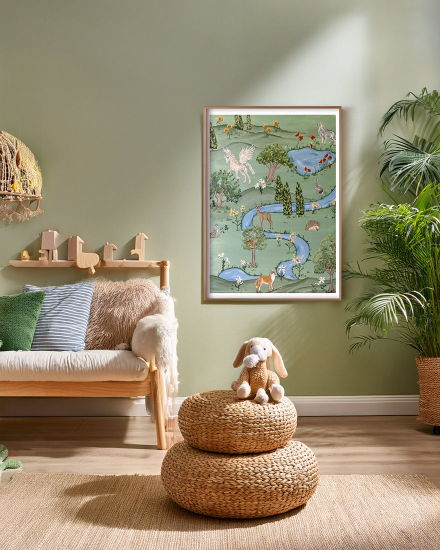 Tuscan Dream fine art print by marissa lico. Children's play room with a colourful framed print, wooden furniture, and toys.