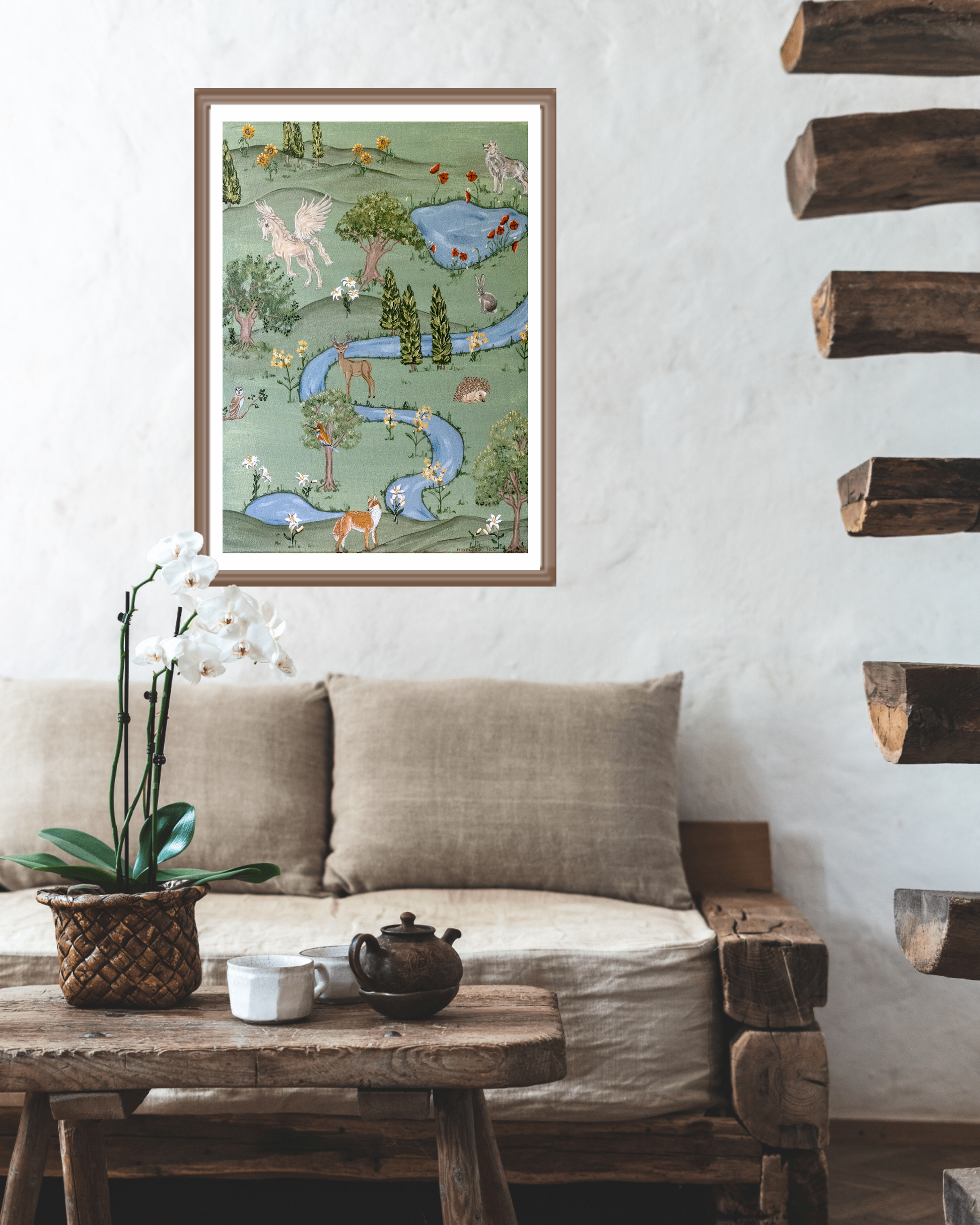 Tuscan Dream fine art print by marissa lico, framed artwork hanging in rustic living room above couch.