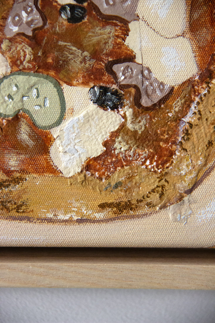 When In Italy by Marissa Lico. Close-up of a textured painting of pizza with earthy tones on a white background