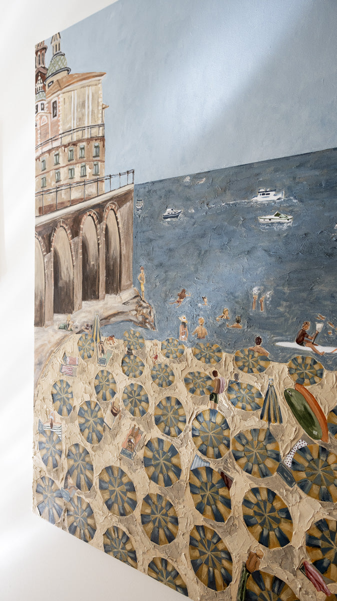 Close-up of Al Mare showing the thick textured acrylic brushwork in the sand of the Amalfi Coast beach scene.