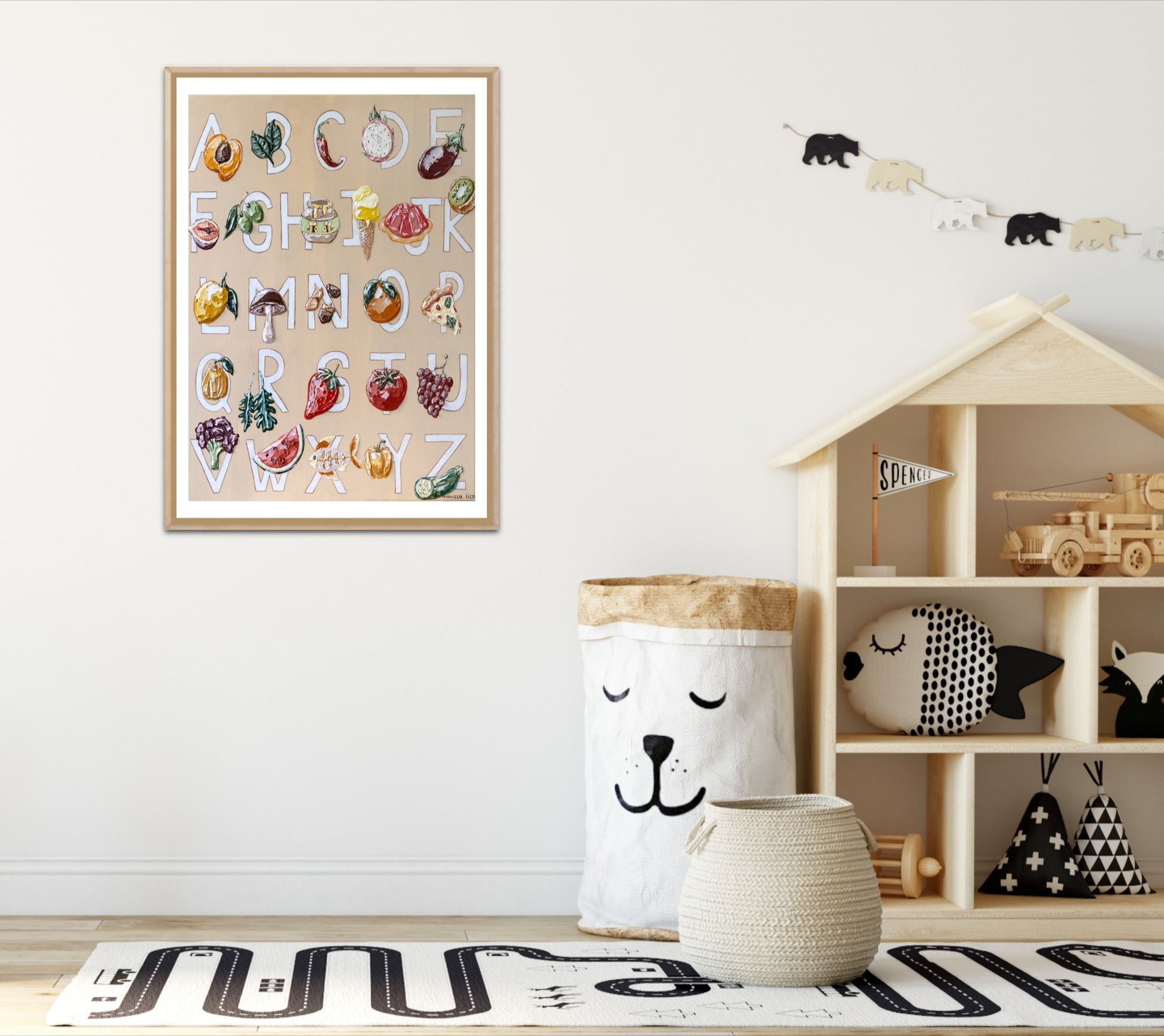 Alfabeto fine art print by marissa lico, Children's room with alphabet fine art poster print, toy house, in a kids toy room.