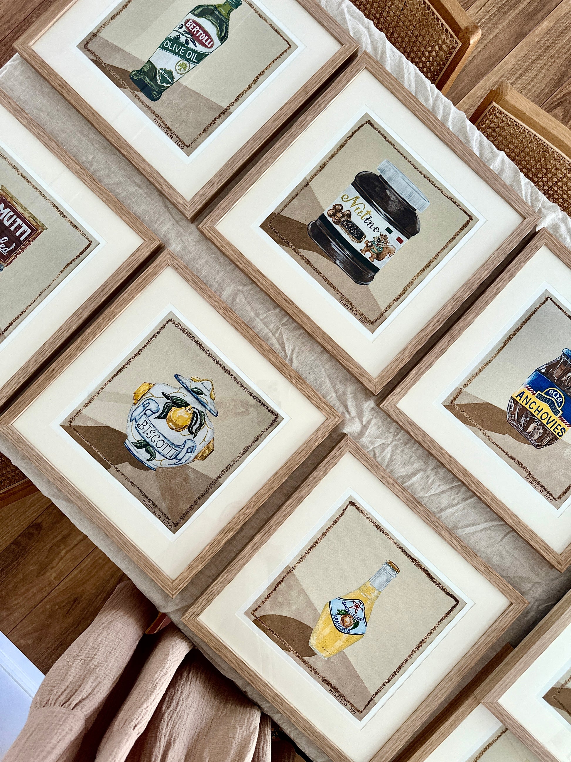 Nutino fine art print by Marissa Lico. Framed prints of various lo shop Italian products in a frame.