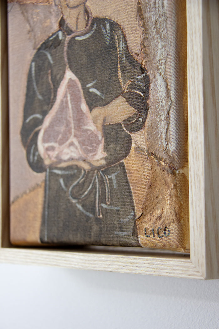 Florentine Steak by Marissa Lico. Artistic depiction of a person holding a piece of meat, framed in a wooden frame.