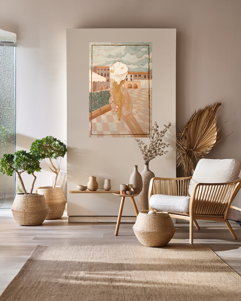 Gelati in Chianti original painting by Marissa Lico, hung in modern mediterranean living space.