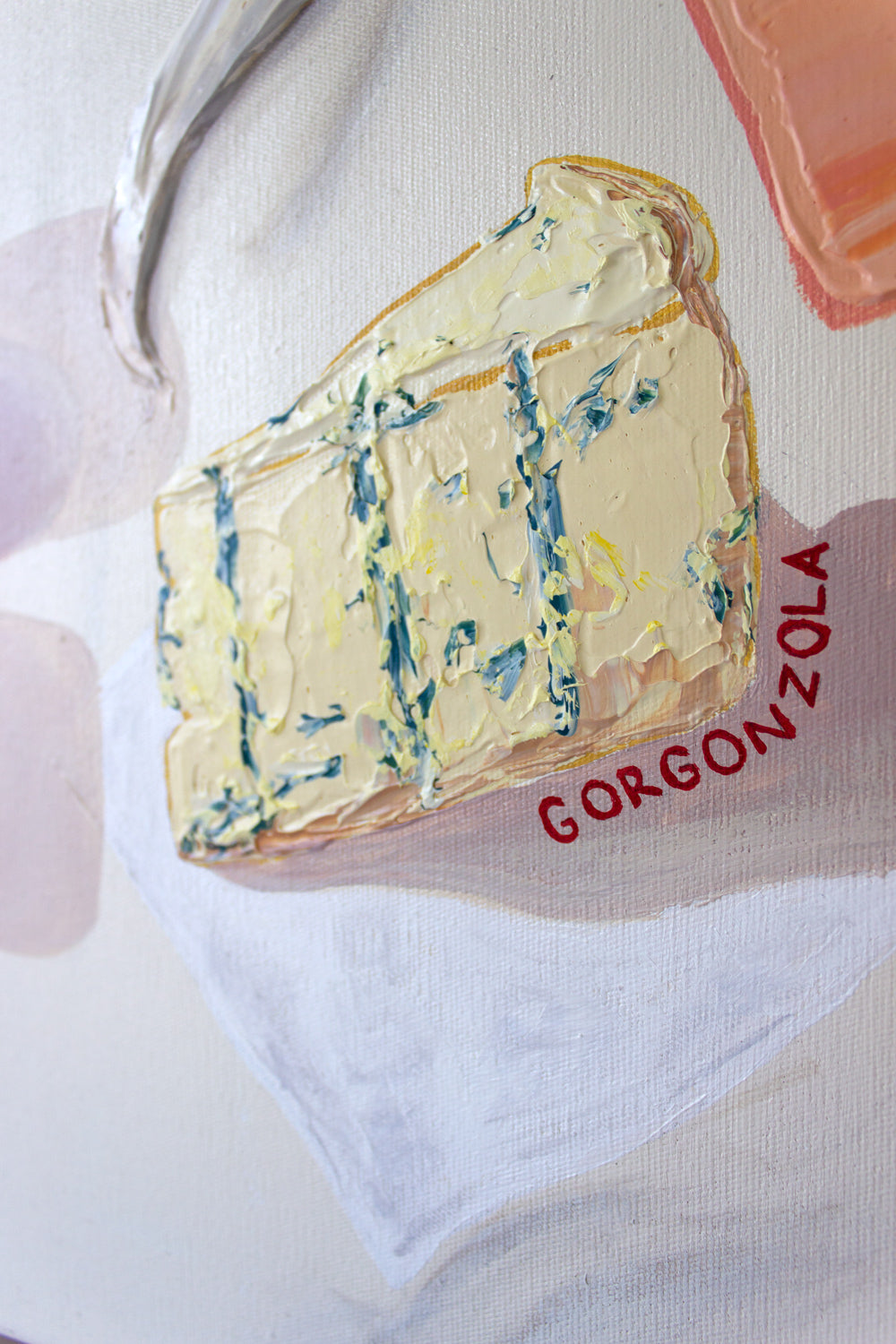 Toscana original painting by Marissa Lico. Block of Gorgonzola cheese on a white picnic rug with a red cheese label