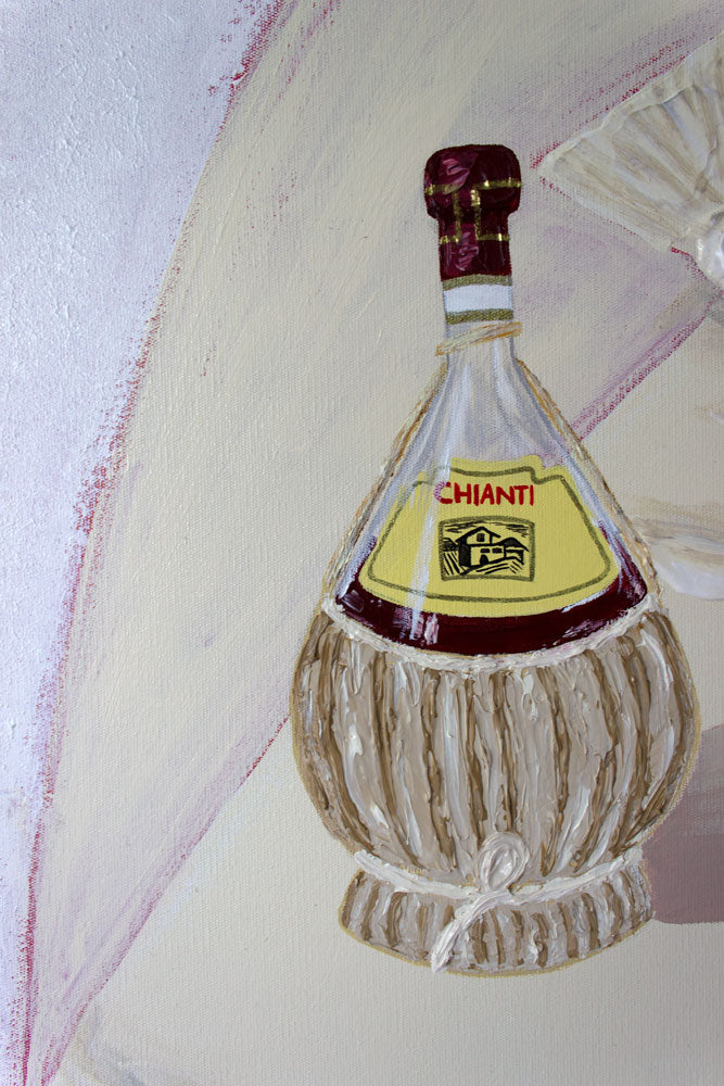 Toscana original painting by Marissa Lico. Painting of a Chianti bottle with a yellow label on a textured background