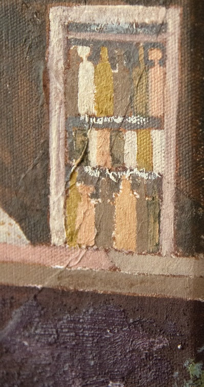 Nonna's Bar fine art print by marissa lico. close up of painting with drinks in a fridge at the bar, showing signs of wear.