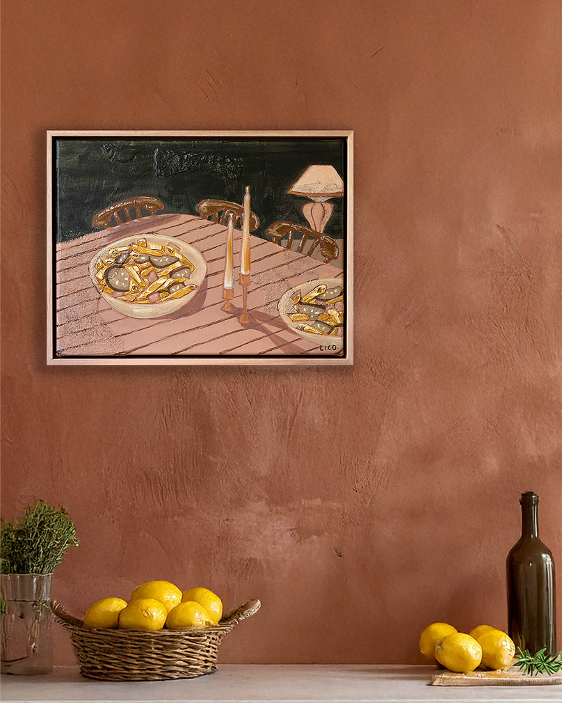 pasta di casa original painting of pasta on table with candles by marissa lico, painting hanging in kitchen.