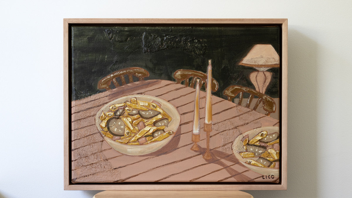 pasta di casa original painting of pasta on table with candles by marissa lico