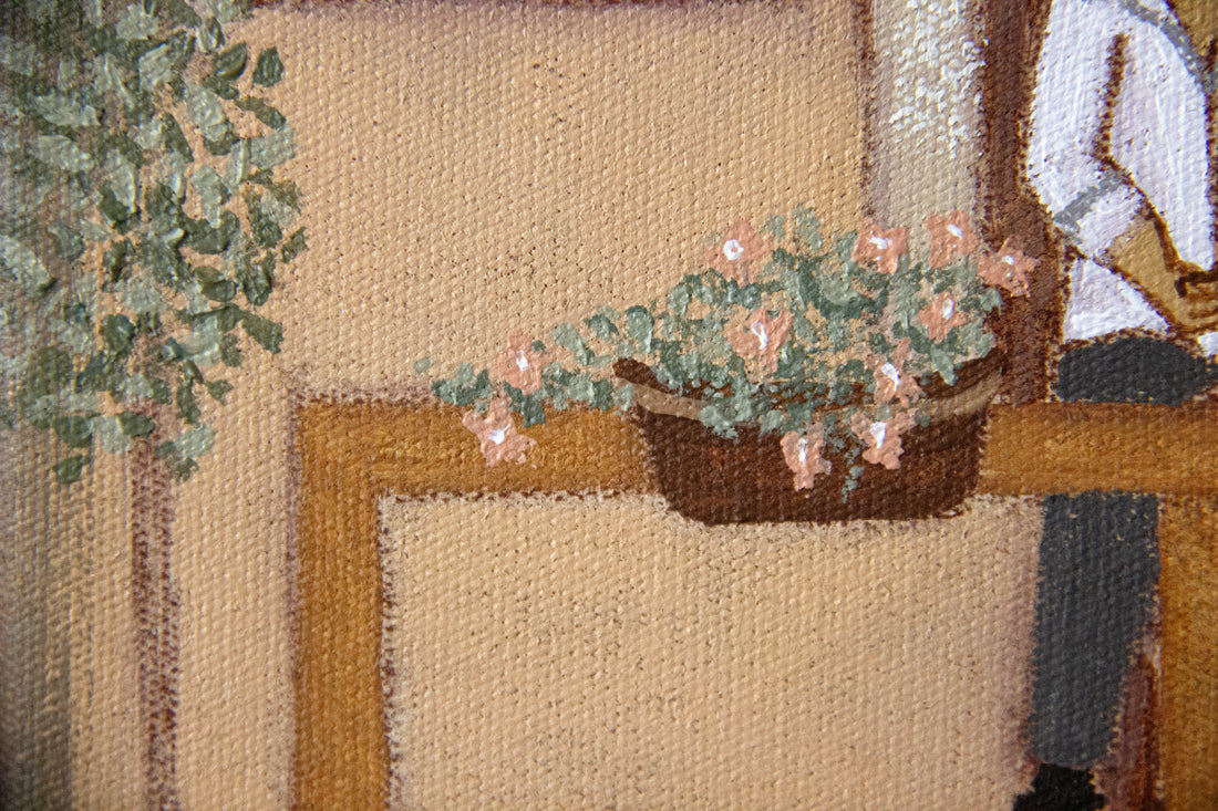 Pizzeria fine art print by Marissa lico. Close-up of a textured surface with a basket of flowers and a waiter's leg in a restaurant setting.