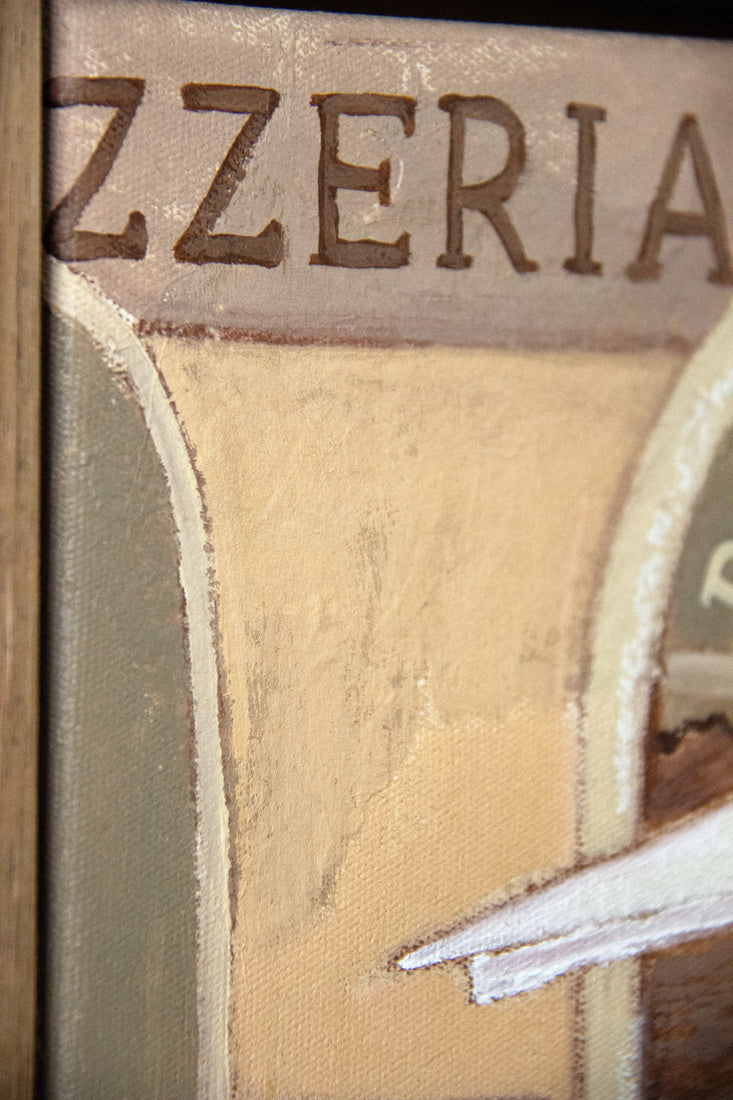 Pizzeria by Marissa Lico. Close-up of a sign with 'Pizzeria' text on a textured surface.