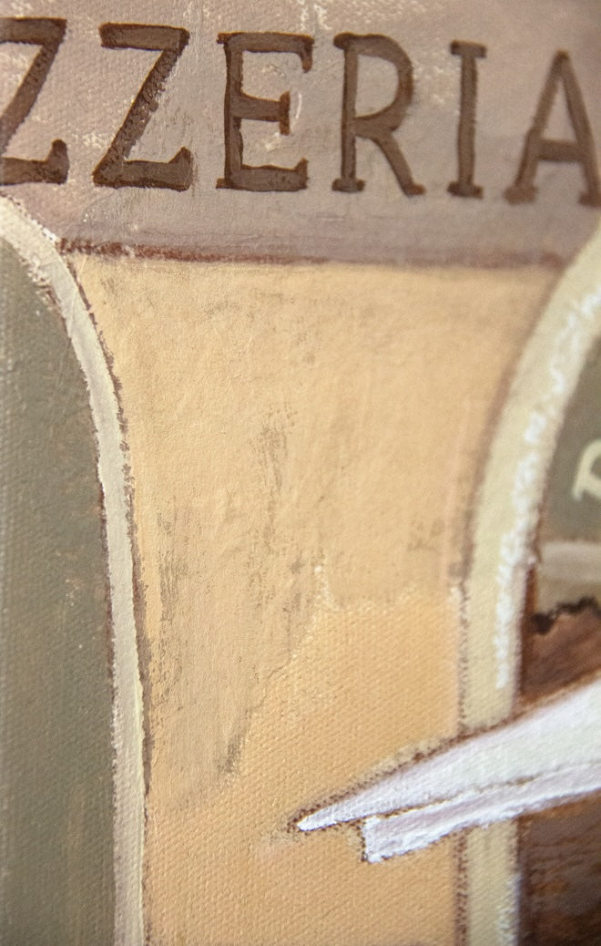 Pizzeria fine art print by Marissa lico. Close-up of a restaurant with 'Pizzeria' text on a rustic background