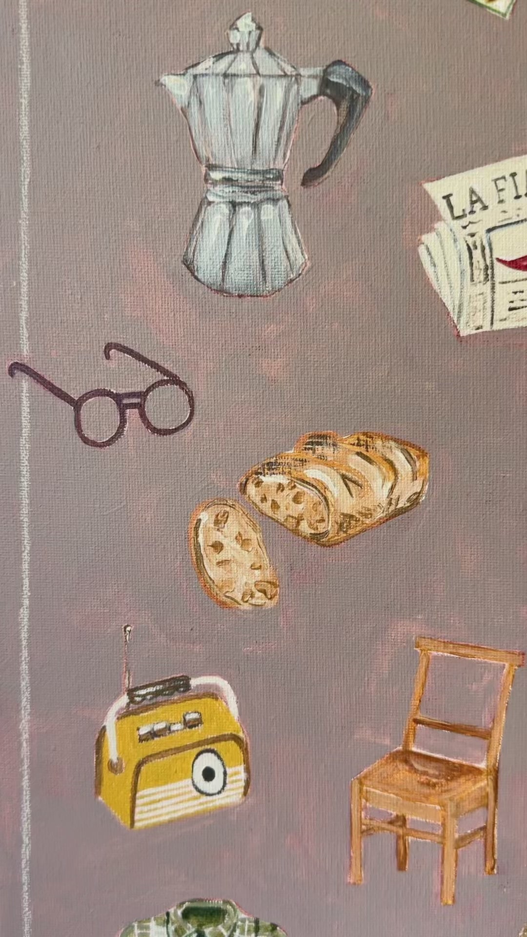 Ciao Nonno fine art print painting of grandfather things by Marissa Lico. Panning across illustrations in the painting.