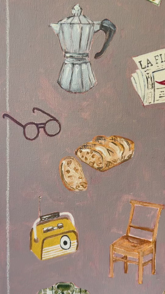 Ciao Nonno fine art print painting of grandfather things by Marissa Lico. Panning across illustrations in the painting.