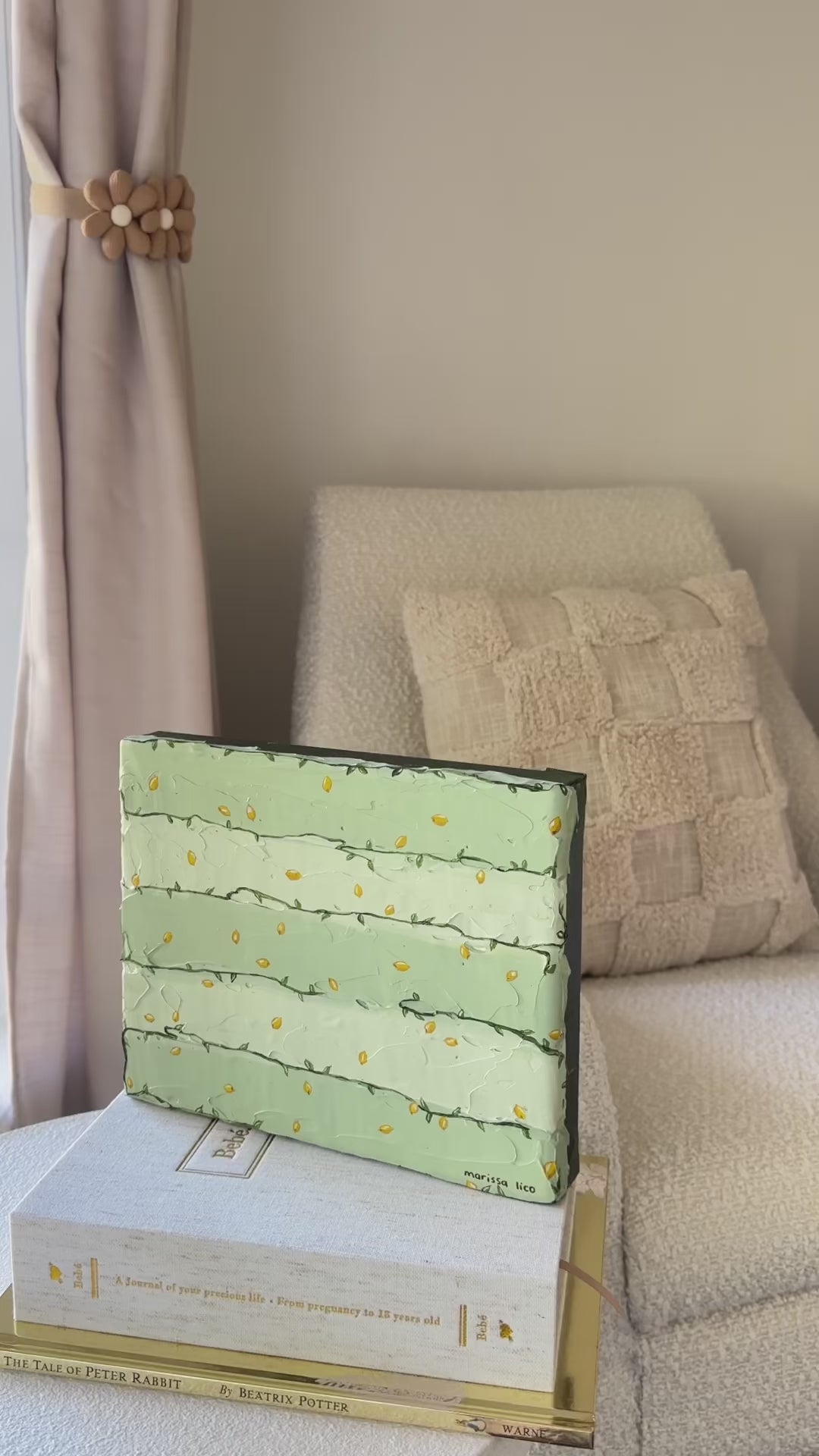 Tanto Limone by Marissa Lico, video of original painting sitting on books in little girl's nursery.