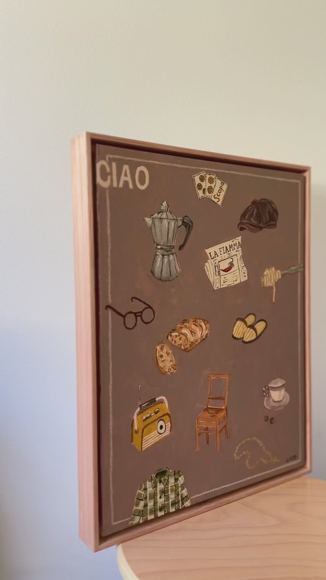 Ciao Nonno original framed painting of grandfather things by Marissa Lico. Video of artwork spinning on stool