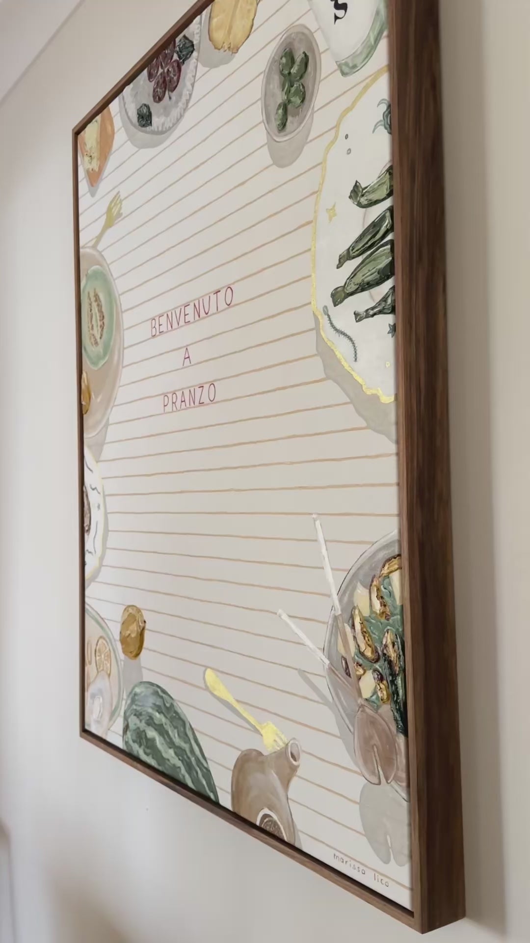 Pranzo II original artwork by Marissa Lico. Benvenuto a Pranzo painting with tablescape of Italian foods.