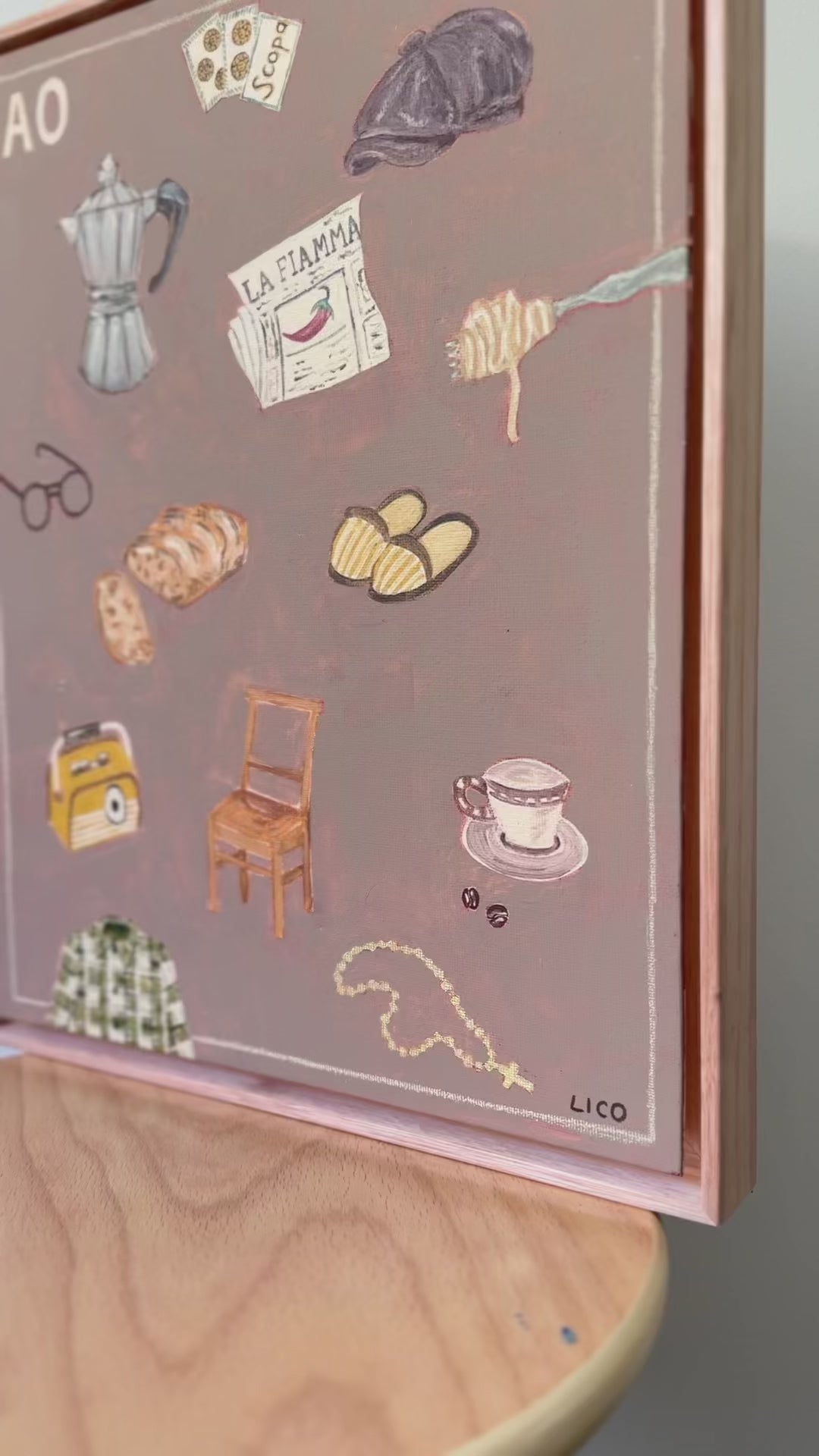 Ciao Nonno original framed painting of grandfather things by Marissa Lico. Close up of illustrations in a video.