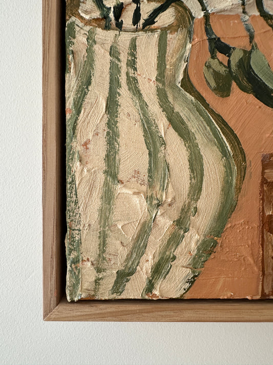 Close up of Scusi Coffee original textured still life painting with olive branches and coffee vessels by Marissa Lico"