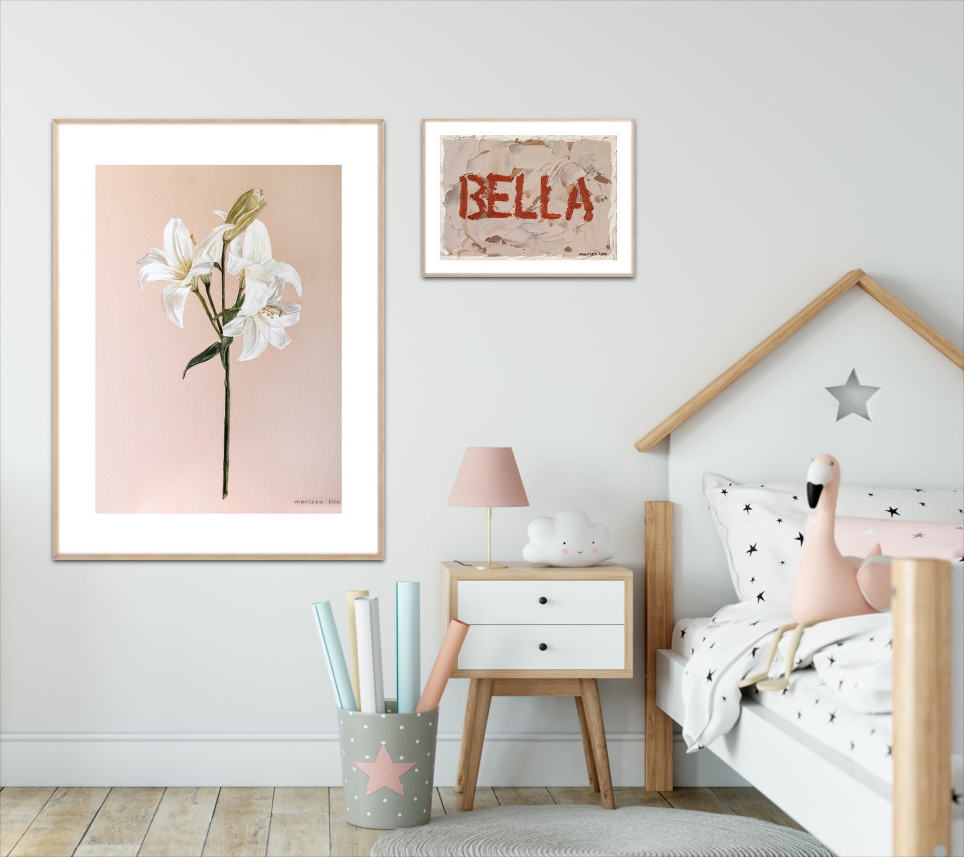 Fiori fine art print by Marissa Lico, Children's bedroom with floral artwork, 'Bella' print, and a bed with flamingo and stars decor.