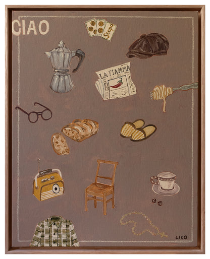 Ciao Nonno original framed painting of grandfather things by Marissa Lico. Illustrated objects on a brown background with 'CIAO' text.