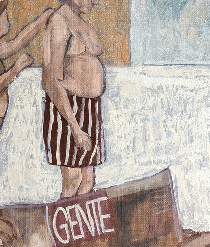 Close-up texture detail of Gente fine art print, acrylic and mixed media painting by Marissa Lico.