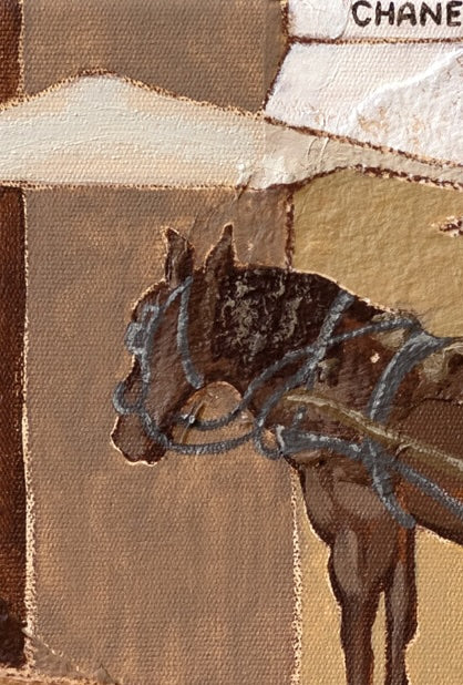 Horse Chanel wall art print by Marissa Lico. Close-up of a horse painted on a textured canvas with 'Chanel' store in Florence.