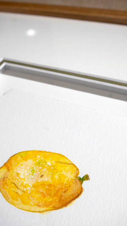 A close-up of a watercolour painting of a yellow citrus fruit, likely a lemon or lime, on textured white paper. The painting features yellow tones with a small green stem, set against a white background with a blurred wooden frame at the top.