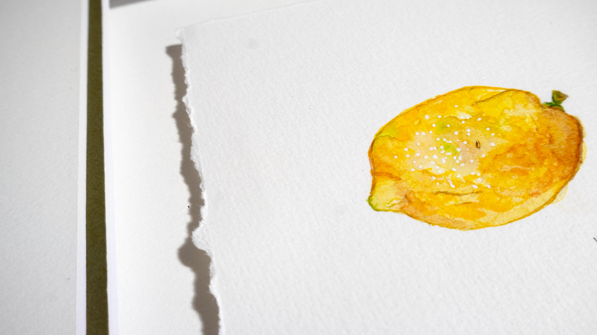 A close-up of a watercolour painting of a yellow citrus fruit, a lemon on textured white paper with torn edges, framed in Oak.