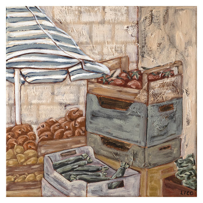 An acrylic painting depicting a rustic Italian market stall with stacked wooden crates of tomatoes, peaches, lemons and zucchini under a blue-and-white striped umbrella, rendered in warm earthy tones.