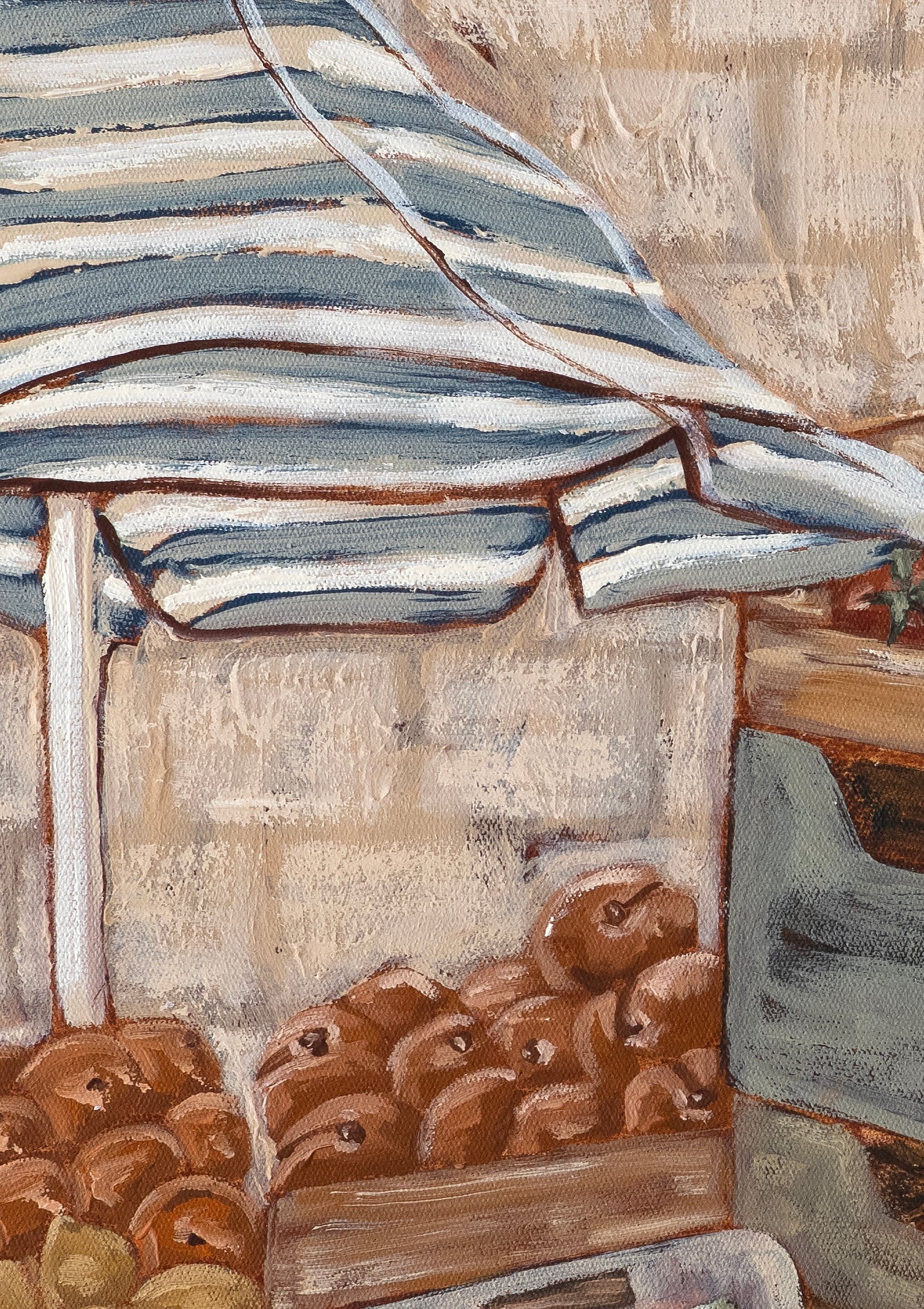 Close up fruit and vegetable market details with blue and white stripe umbrella, in the Mercato acrylic painting print by Marissa Lico.