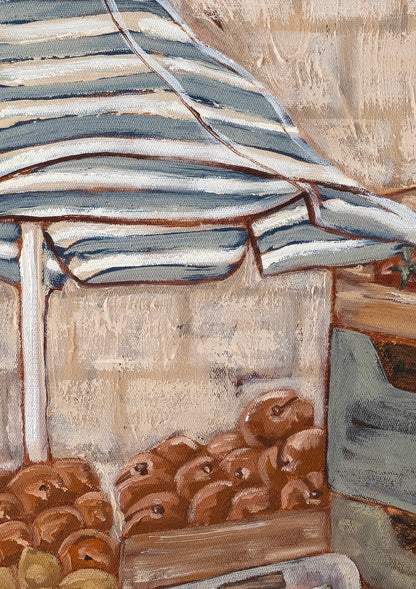 Close up fruit and vegetable market details with blue and white stripe umbrella, in the Mercato acrylic painting print by Marissa Lico.