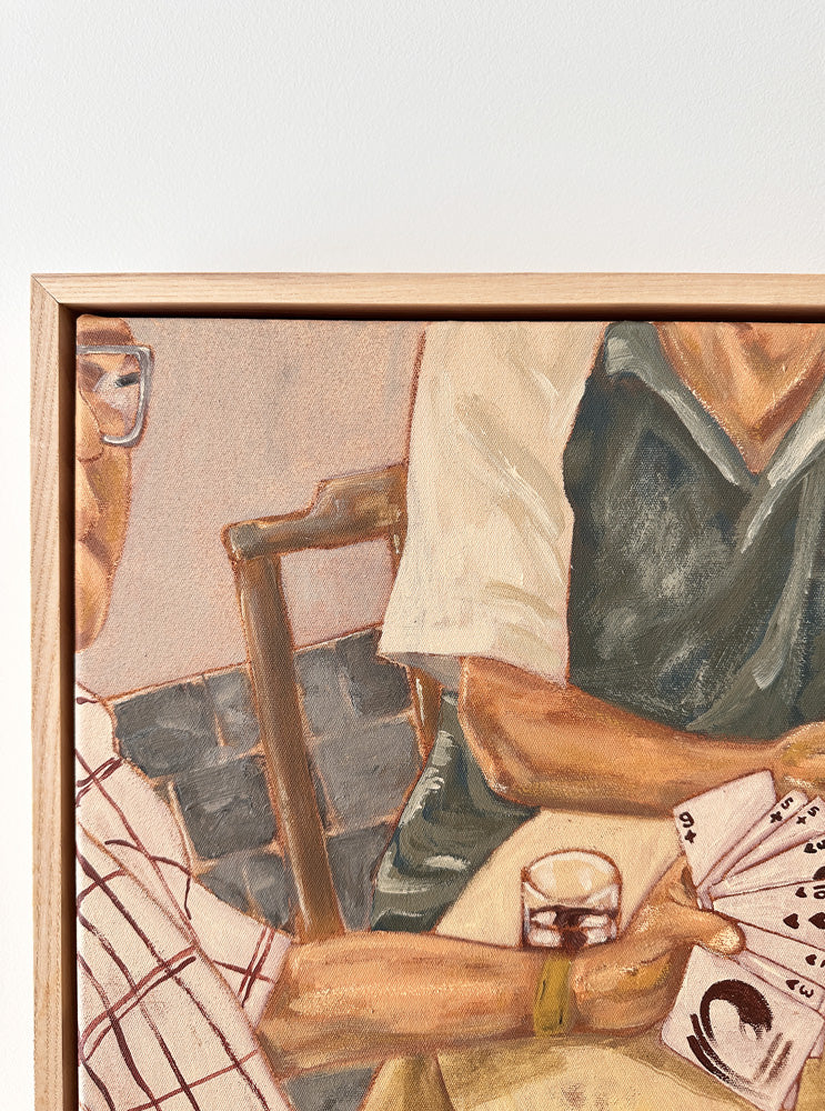 Close-up of textured acrylic brushwork showing hands holding playing cards over a Sunday table, from an original Italian family painting.