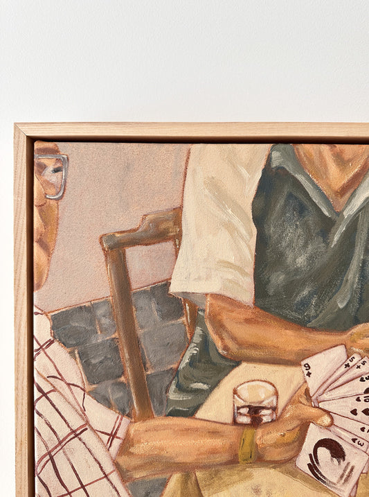 Close-up of textured acrylic brushwork showing hands holding playing cards over a Sunday table, from an original Italian family painting.