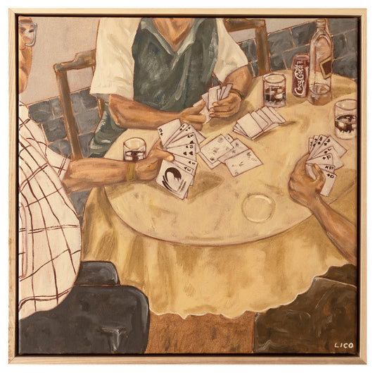 Original acrylic painting of three people playing cards around a yellow-clothed table after Sunday lunch, with a rum bottle and Coca-Cola, in warm earthy tones.