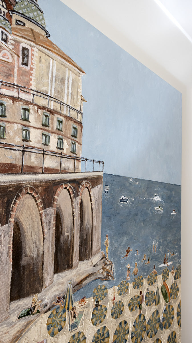 Close-up of Al Mare showing the textured brushwork on the Amalfi Coast buildings, with the domed duomo and arches above the beach.