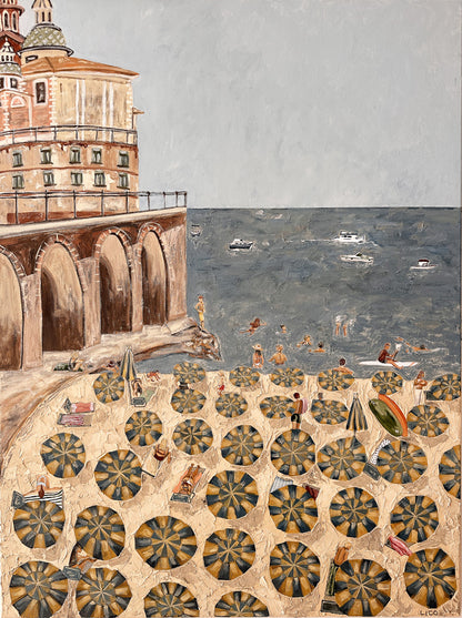 Al Mare, an acrylic painting by Marissa Lico of the Amalfi Coast seen from above, with striped blue and gold beach umbrellas, a duomo on the headland, and boats on the sea.
