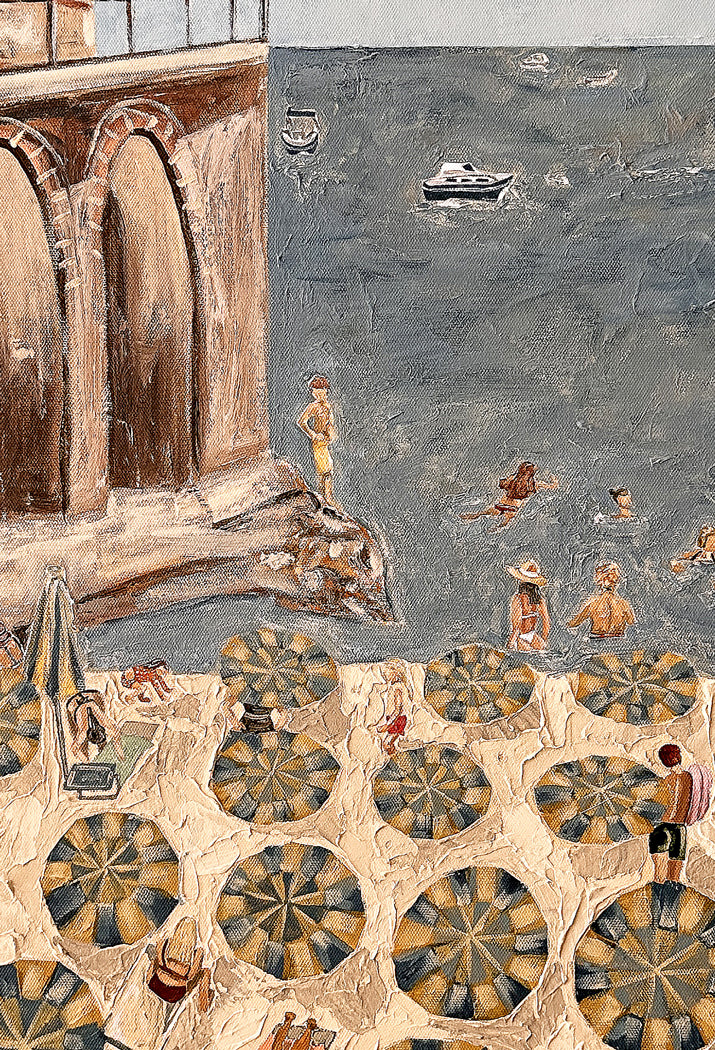 A textured painting of an Amalfi coastal beach scene with a large stone arch structure on the left, a dark blue-gray sea with small boats and swimmers, and rows of striped blue and yellow beach umbrellas with people on the sandy shore.