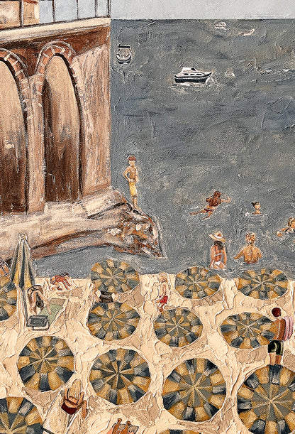A textured painting of an Amalfi coastal beach scene with a large stone arch structure on the left, a dark blue-gray sea with small boats and swimmers, and rows of striped blue and yellow beach umbrellas with people on the sandy shore.