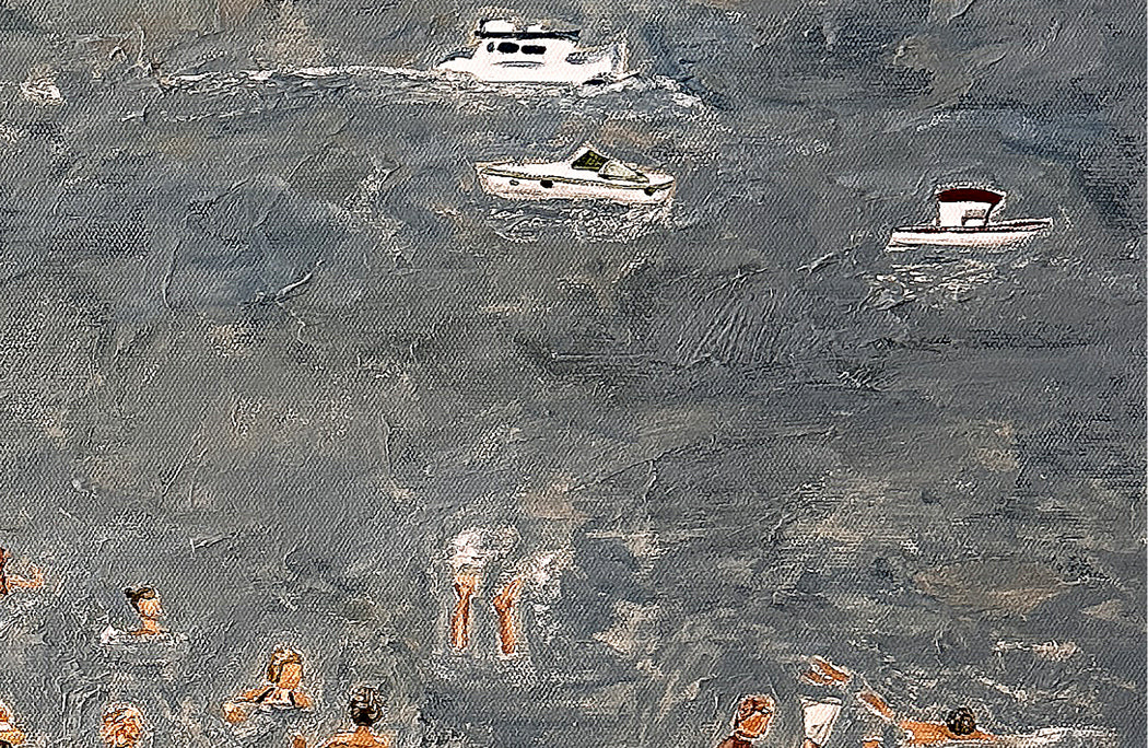 An impressionistic painting depicting an Italian Amalfi beach scene with swimmers in the water, several boats on the horizon, and textured gray-blue tones with small orange and white highlights.