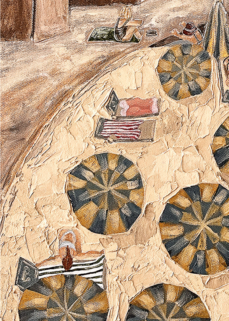 An impressionistic painting depicting an Italian Amalfi beach scene with sun umbrellas, towels, and people lounging on the sand in warm beige, brown, and muted blue tones.