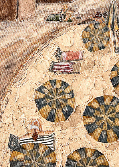 An impressionistic painting depicting an Italian Amalfi beach scene with sun umbrellas, towels, and people lounging on the sand in warm beige, brown, and muted blue tones.