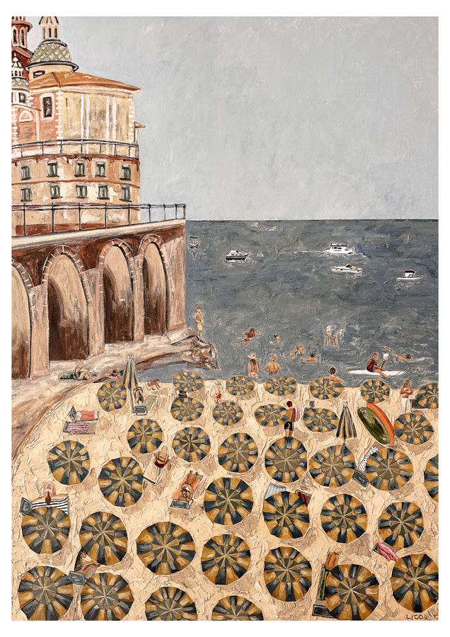 An art print depicting an Amalfi crowded beach scene with numerous patterned umbrellas on the sand, swimmers in the blue-gray sea, and a large building on a rocky cliffside.