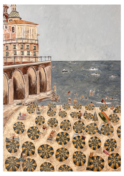An art print depicting an Amalfi crowded beach scene with numerous patterned umbrellas on the sand, swimmers in the blue-gray sea, and a large building on a rocky cliffside.