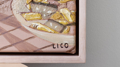 pasta di casa original painting of pasta on table with candles by marissa lico, close up of penne pasta