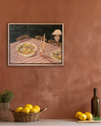 pasta di casa original painting of pasta on table with candles by marissa lico, painting hanging in kitchen.