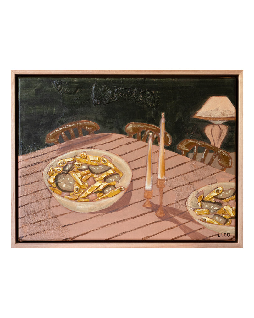 pasta di casa original painting of pasta on table with candles by marissa lico, framed painting.