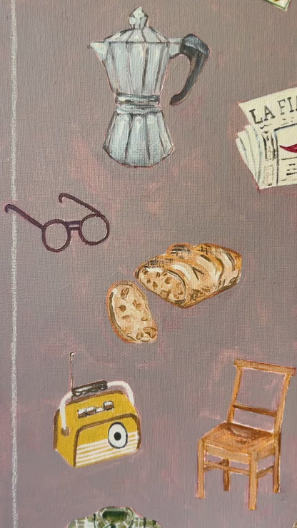 Ciao Nonno fine art print painting of grandfather things by Marissa Lico. Panning across illustrations in the painting.