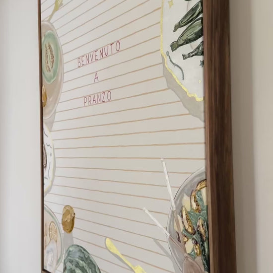 Pranzo II original artwork by Marissa Lico. Benvenuto a Pranzo painting with tablescape of Italian foods.
